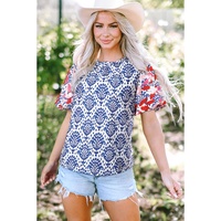 Blue Western Fashion Print Floral Puff Sleeve Frilled Neck Blouse - L thumbnail