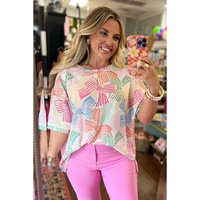 Multicolour Bowknot Printed Waffle Crewneck Loose Short Sleeve Top - L thumbnail