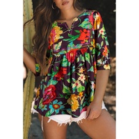 Greyish Purple Rose Flower Embroidered Trim Half Sleeve Blouse - M thumbnail