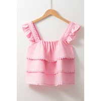 Pink Tiered Heart Trim Square Neck Flutter Top - L thumbnail