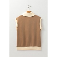 Simply Taupe Half Zipper Collared Colorblock Short Sleeve Top - L thumbnail