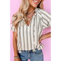Gray Stripe Frilled Tie Neck Short Sleeve Blouse - L thumbnail