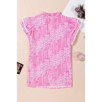 Pink Abstract Print Ric Rac Trim Flutter Sleeve Notch V Neck Blouse - L thumbnail