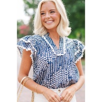 Sky Blue Abstract Print Ric Rac Trim Flutter Sleeve Notch V Neck Blouse - XL thumbnail