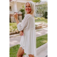 White Eyelet Patchwork High Low Hem V Neck Oversized Top - L thumbnail