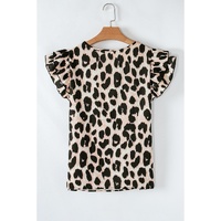 Khaki Leopard Print Layered Ruffled Short Sleeve Blouse - L thumbnail