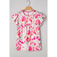 Rose Floral Print Flutter Sleeve Round Neck Casual Blouse - L thumbnail