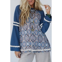 Blue Geometric Printed Lace Patchwork Ric Rac Raglan Long Sleeve Top - L thumbnail
