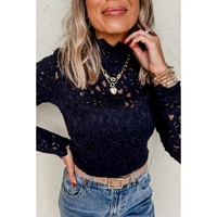 Black Flower Lace See Through Mock Neck Long Sleeve Top - XL thumbnail