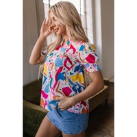 Multicolour Abstract Print Lace Detail Shirred Short Sleeve Split Neck Blouse - L thumbnail