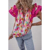Pink Floral Layered Ruffle Flutter Sleeve Tie V Neck Blouse - L thumbnail
