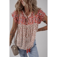 Red Printed Embroidery Detail Tie Split Neck Blouse - L thumbnail