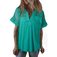 Sea Green Lace Patchwork Split Neck Textured Short Sleeve Blouse - L thumbnail