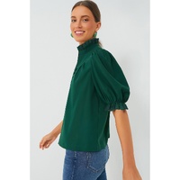Blackish Green Solid Puff Sleeve Frilled Trim Elegant Blouse - L thumbnail
