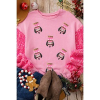 Pink Christmas Nutcracker Graphic Sequin Patchwork Long Sleeve Top - M thumbnail