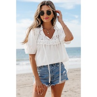 White Embroidered Lace Patchwork Tie Neck Puff Short Sleeve Blouse - M thumbnail