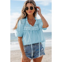 Mist Blue Embroidered Lace Patchwork Tie Neck Puff Short Sleeve Blouse - L thumbnail