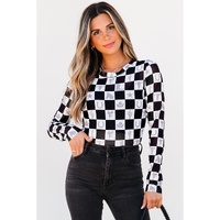 Black Checkerboard Western Elements Printed Mesh Long Sleeve Top - L thumbnail
