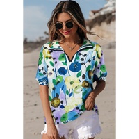 Light Blue Floral Print Slit V Neck Short Sleeve Blouse - XL thumbnail