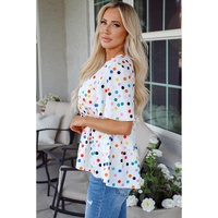 White Colorful Polka Dot Short Sleeve Tiered Ruffled Babydoll Blouse - L thumbnail