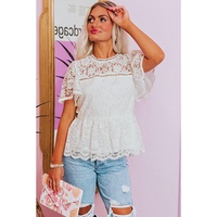 White Short Sleeve Scalloped Floral Lace Peplum Blouse - L thumbnail
