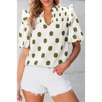 Apricot Polka Dot Print Shirred Yoke Notched Neck Balloon Sleeve Blouse - L thumbnail
