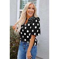 Black Polka Dot Print Shirred Yoke Notched Neck Balloon Sleeve Blouse - L thumbnail