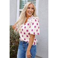 Rose Polka Dot Print Shirred Yoke Notched Neck Balloon Sleeve Blouse - L thumbnail
