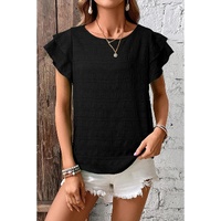 Black Textured Ruffled Sleeve Round Neck Top - S thumbnail