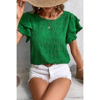 Dark Green Textured Ruffled Sleeve Round Neck Top - L thumbnail
