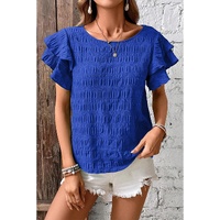 Dark Blue Textured Ruffled Sleeve Round Neck Top - S thumbnail
