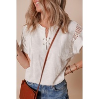 White Ribbed Texture Lace Patchwork Short Sleeve Top - S thumbnail