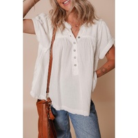 White Textured Short Sleeve Buttons Frayed Blouse - XL thumbnail