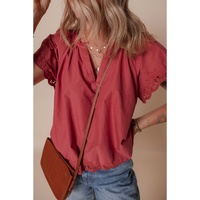 Red Dahlia Floral Embroidered Scallop Trim Short Sleeve V Neck Blouse - L thumbnail