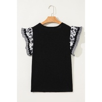 Black Ricrac Trim Printed Flutter Sleeve Contrast Patchwork Blouse - L thumbnail