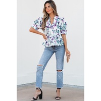 Purple Floral Ricrac Trim Half Sleeve Peplum Top - L thumbnail