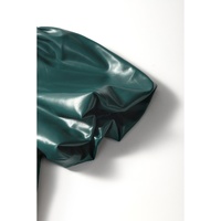 Sea Green  Notched V Neck Short Puff Sleeve PU Leather Blouse - L thumbnail