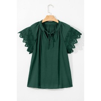Green Bay Eyelet Embroidered Sleeve Tie V Neck Blouse - L thumbnail