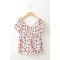 White Boho Floral Ruched Cinched Short Sleeve Blouse - L thumbnail