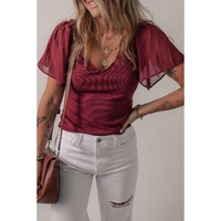 Red Dahlia Mesh Ruffled Sleeve Slim Fit V Neck Top - L thumbnail