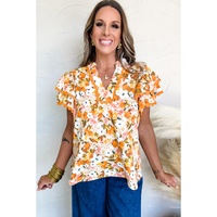 Russet Orange Ruffled V Neck Scalloped Short Sleeve Floral Blouse - L thumbnail