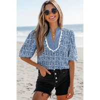 Blue Floral Striped Print Contrast Ric-rac Puff Sleeve Top - L thumbnail