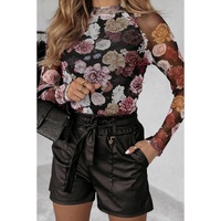 Pink Mesh Floral Print Mock Neck Long Sleeve Slim Top - L thumbnail
