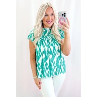 Sky Blue Abstract Print Frilled Crewneck Loose Fit Blouse - L thumbnail