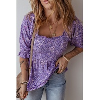 Purple Boho Paisley Print Half Sleeve Shirred Peplum Blouse - L thumbnail
