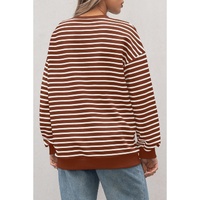 Coffee Striped Long Sleeve Round Neck Loose Top - L thumbnail