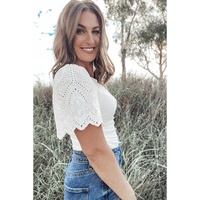 White Eyelet Pattern Short Sleeve Patchwork Ribbed Top - L thumbnail