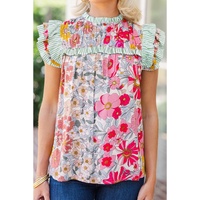 Pink Floral Print Contrast Ruffle Trim Short Sleeve Blouse - L thumbnail