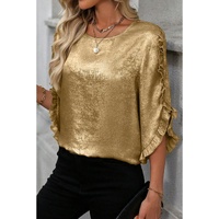 Gold Metallic Luster Frilled Half Sleeve Blouse - L thumbnail