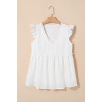 White Textured Ruffled Trim V Neck Flutter Flowy Top - S thumbnail